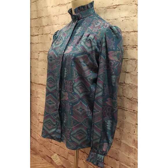 Vintage 80s Teal Blue Southwest Secretary Blouse High Neck Ruffle Trim Size 8 - Picture 3 of 4